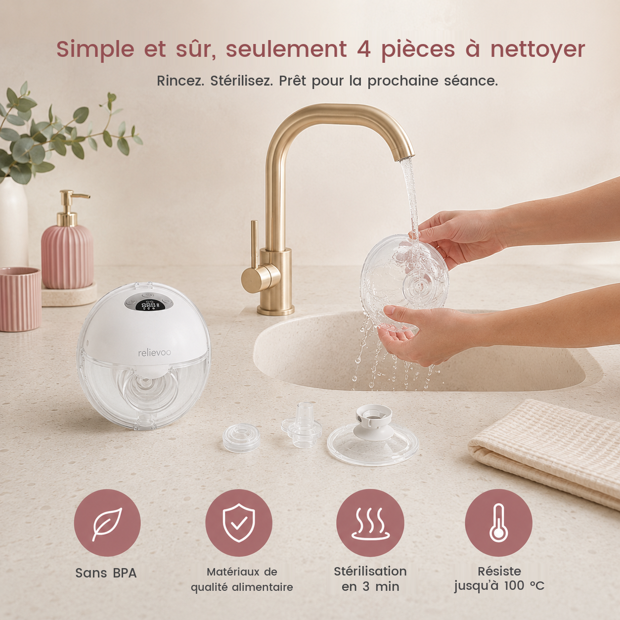 Nettoyage du tire-lait Relievoo M22 PRO2 : seulement 4 pièces à rincer puis stériliser, matériaux de qualité alimentaire sans BPA, résistants jusqu’à 100 °C