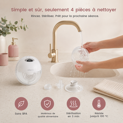 Nettoyage du tire-lait Relievoo M22 PRO2 : seulement 4 pièces à rincer puis stériliser, matériaux de qualité alimentaire sans BPA, résistants jusqu’à 100 °C