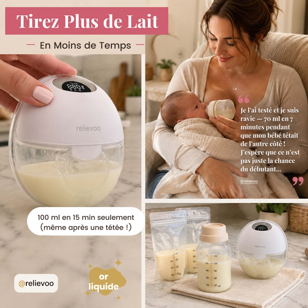 Tire-lait sans fil Relievoo M22 PRO2 : 100 ml en 15 minutes seulement, avec l'avis d'une maman ayant tiré 70 ml en 7 minutes pendant que son bébé tétait de l'autre côté