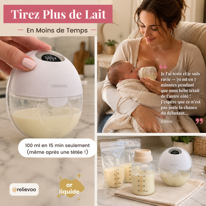 Tire-lait sans fil Relievoo M22 PRO2 : 100 ml en 15 minutes seulement, avec l'avis d'une maman ayant tiré 70 ml en 7 minutes pendant que son bébé tétait de l'autre côté