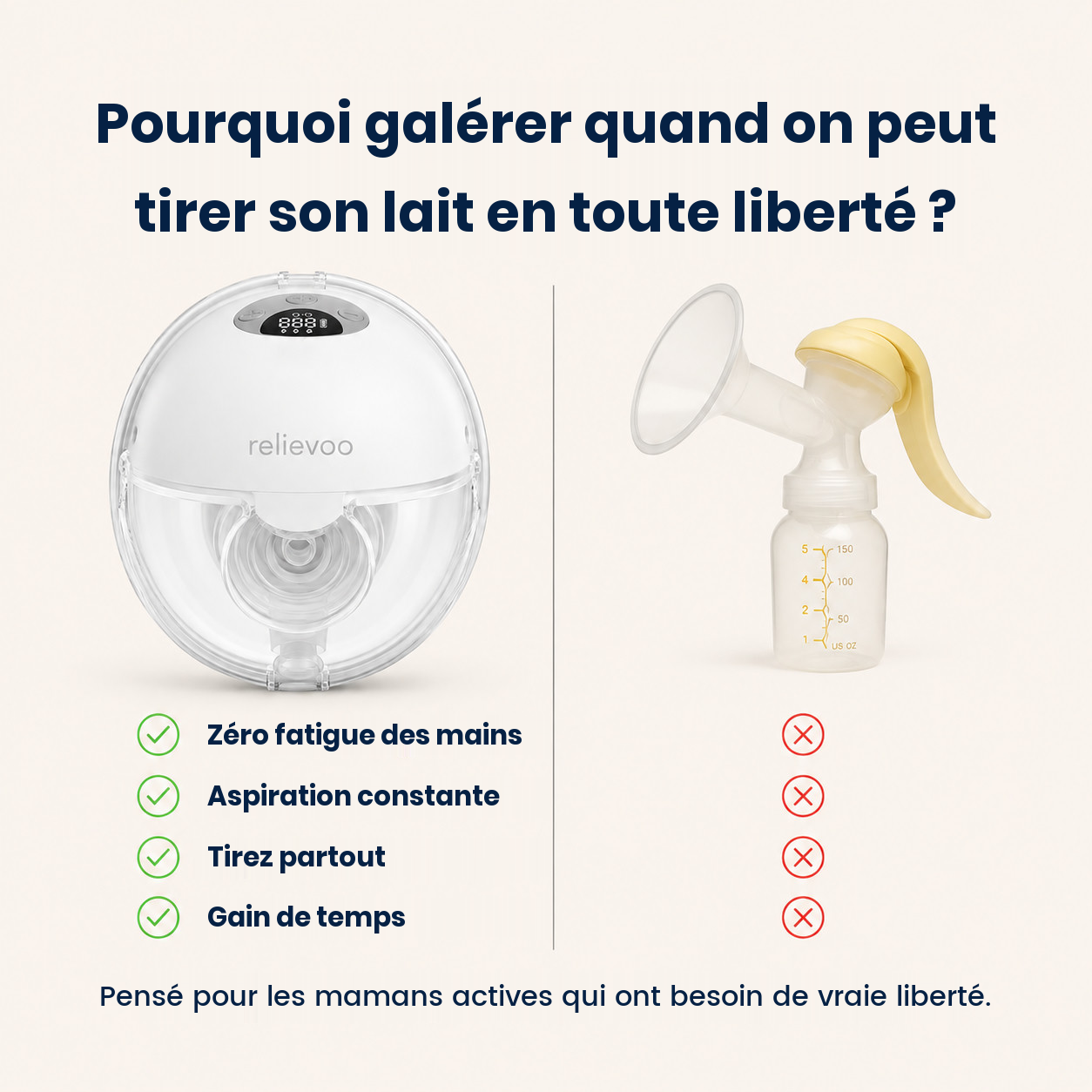Tire-lait sans fil Relievoo M22 PRO2 comparé à un tire-lait manuel : zéro fatigue des mains, aspiration constante