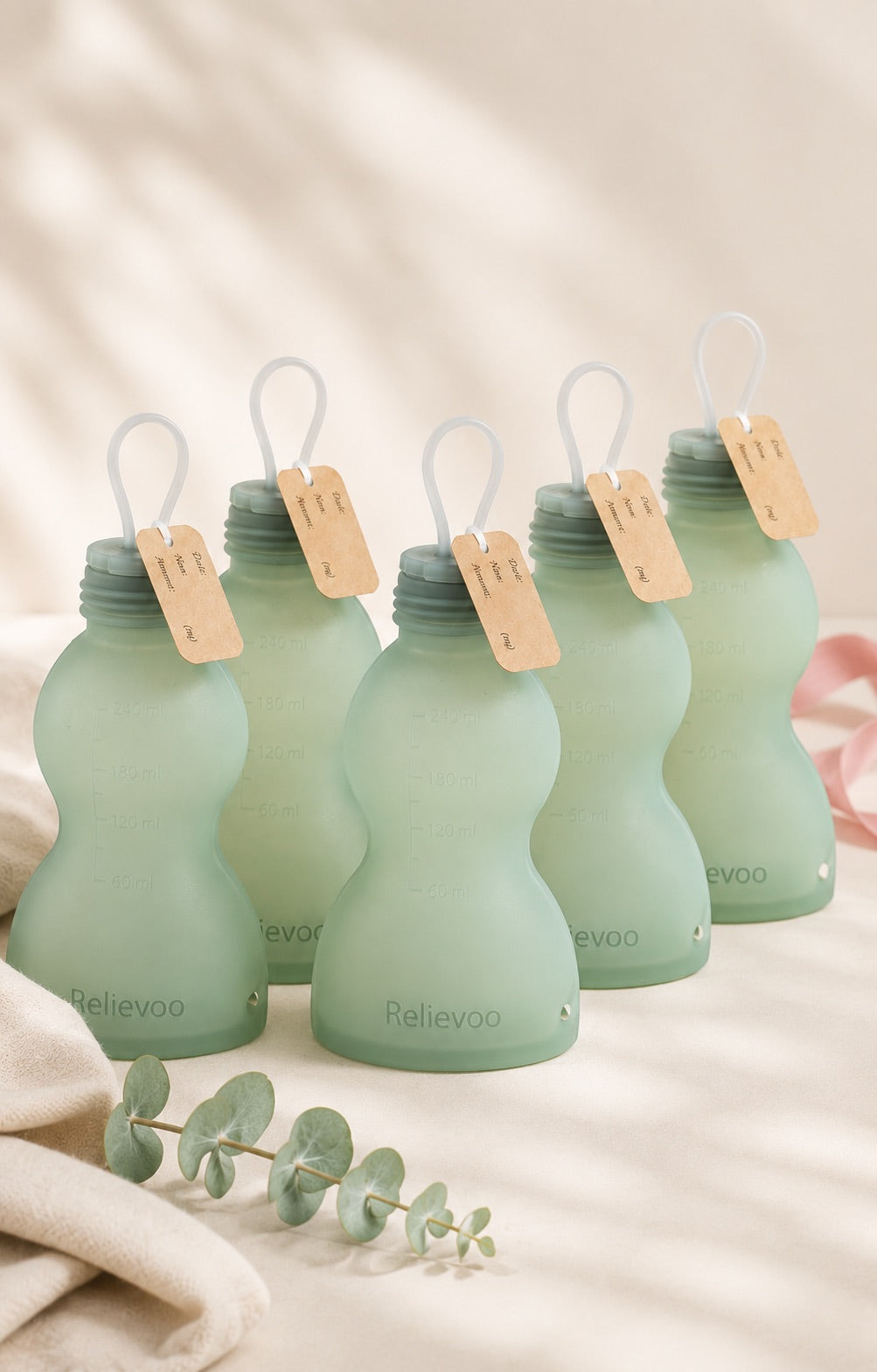 Relievoo reusable silicone breast milk storage bags – 5-pack set in sage green, BPA-free, freezer & dishwasher safe