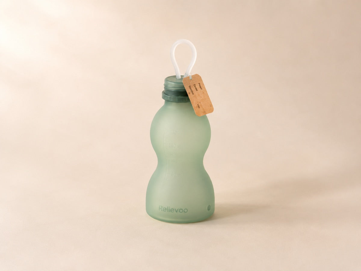 One clean Relievoo reusable sage-green silicone breast milk storage bottle