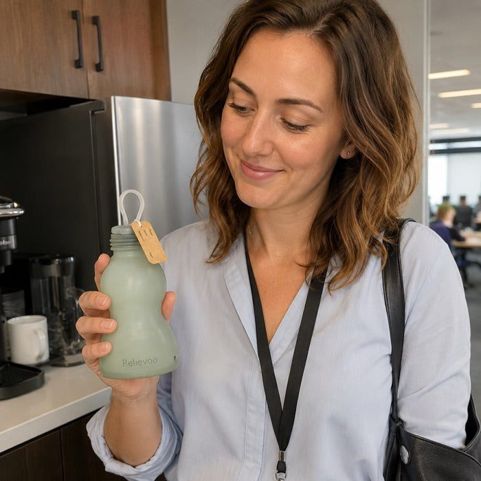 Mum at the office holding a Relievoo sage-green reusable silicone breast milk storage bottle