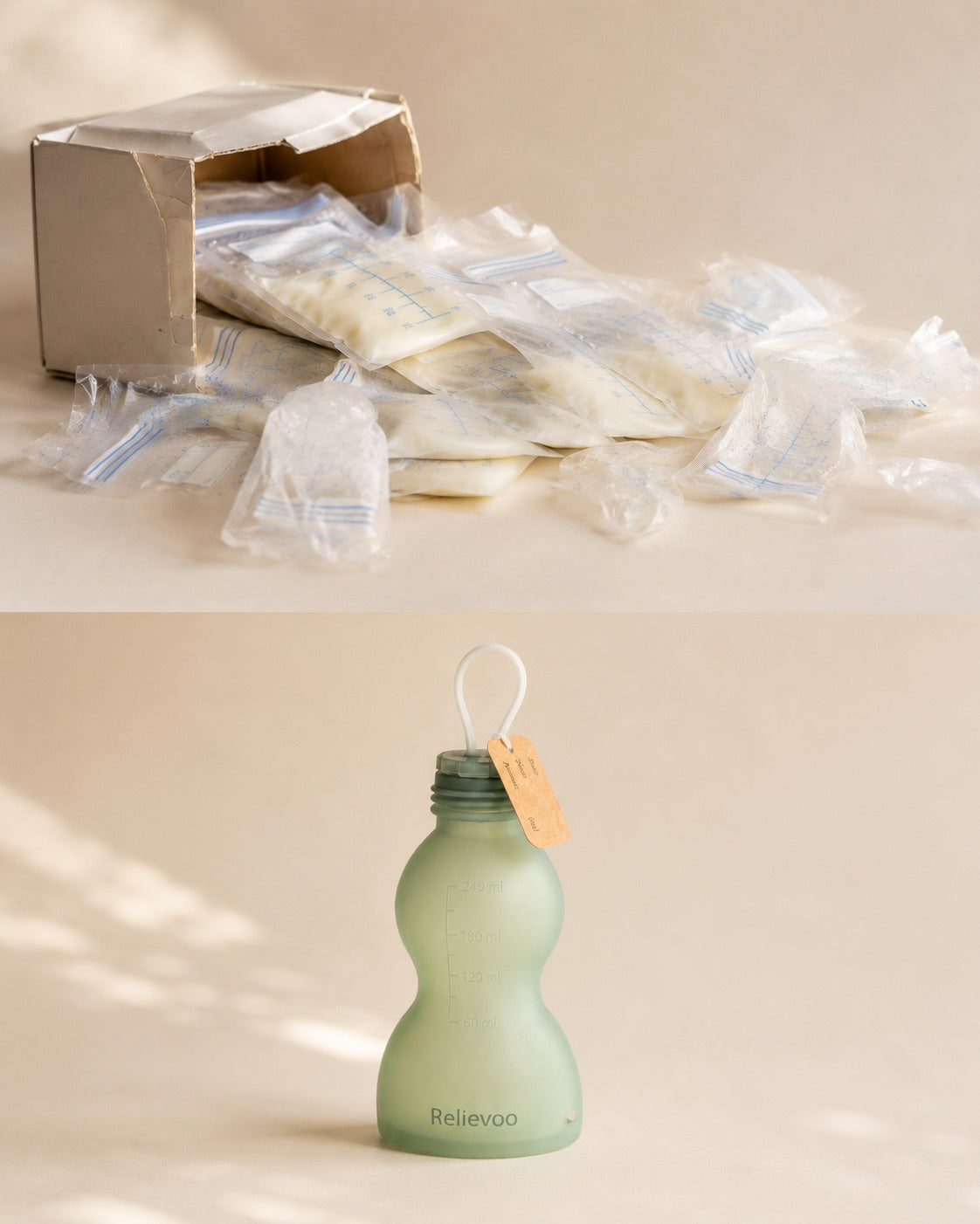 A box of single-use disposable breast milk bags spilling out beside one reusable Relievoo sage-green silicone storage bottle
