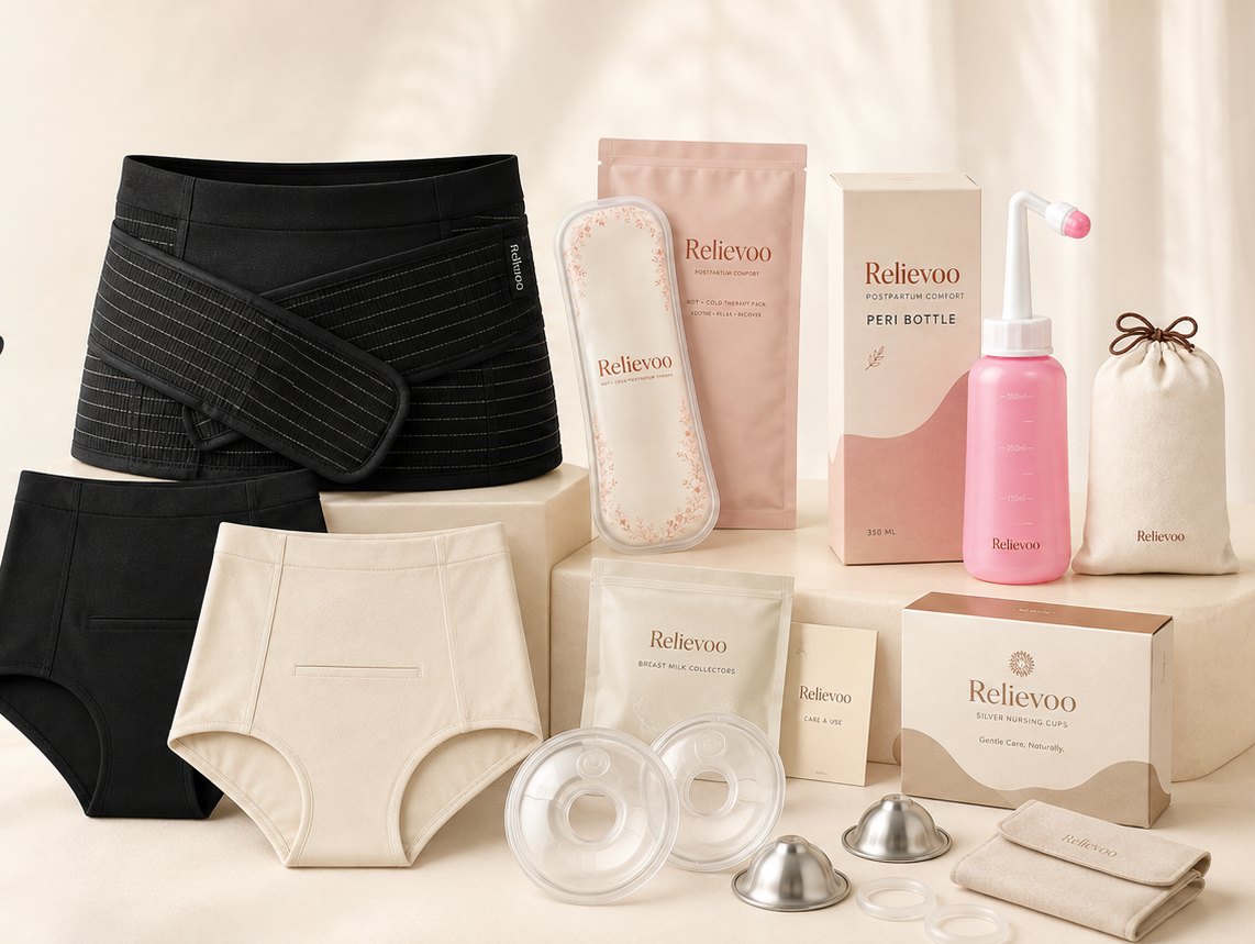 The six items of the Relievoo complete postpartum recovery bundle arranged together: belly band, two soothing briefs, therapy pack, peri bottle, two milk collectors and silver nursing cups