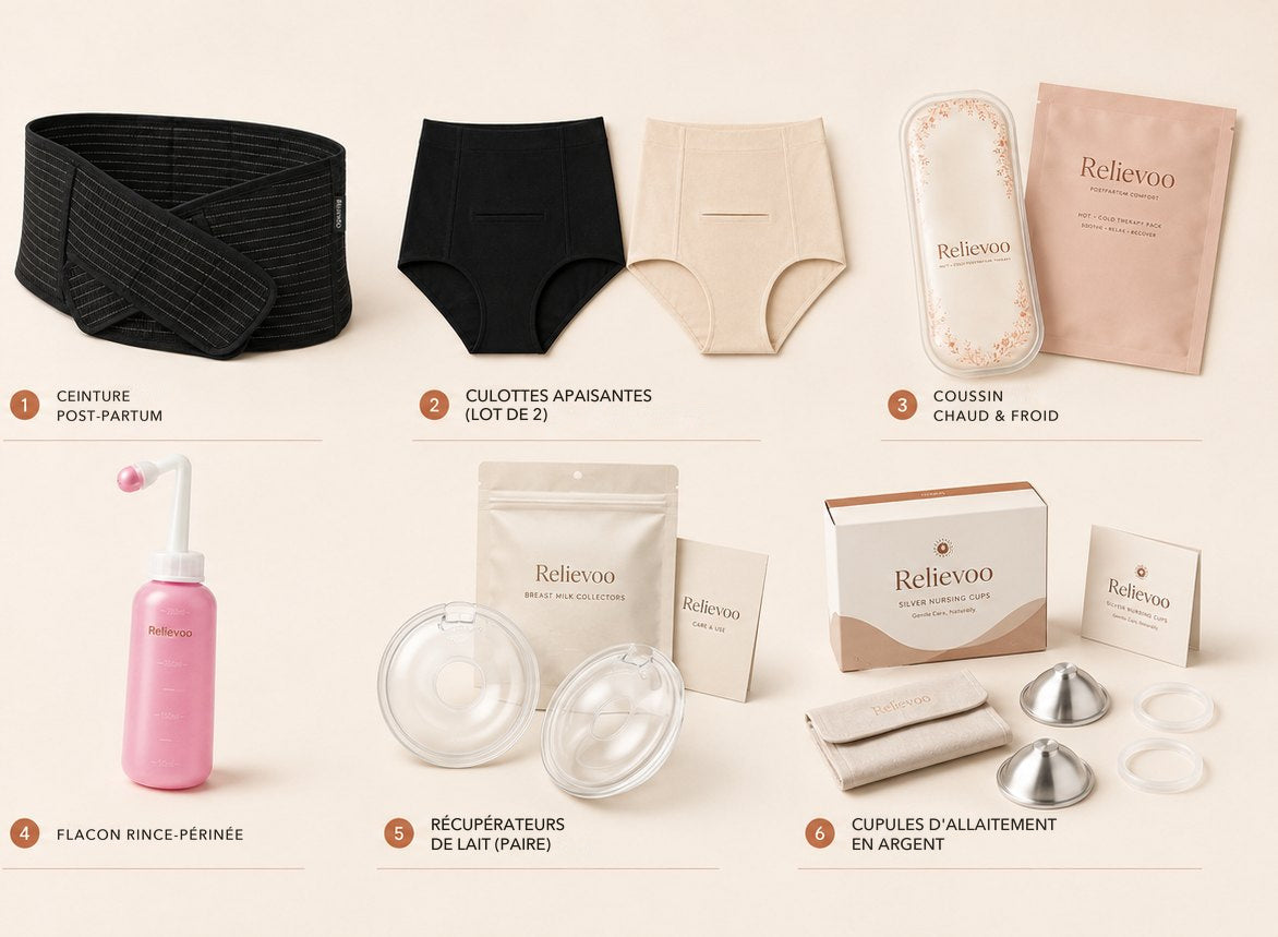 Les six articles du coffret Relievoo complet, num&eacute;rot&eacute;s de un &agrave; six : ceinture post-partum, culottes apaisantes (lot de 2), coussin chaud et froid, flacon rince-p&eacute;rin&eacute;e, r&eacute;cup&eacute;rateurs de lait et cupules en argent