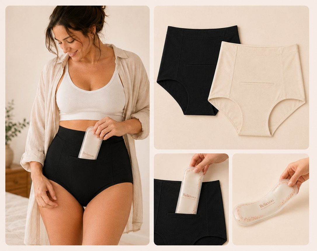 Woman sliding the Relievoo therapy pack into the front pocket of the black soothing briefs, with both briefs shown flat alongside