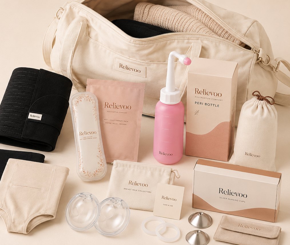 The Relievoo complete postpartum bundle laid out beside an open hospital bag