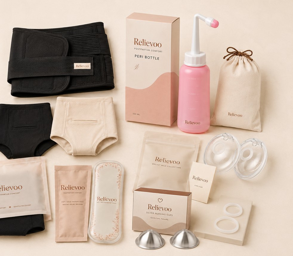 The Relievoo belly band, both soothing briefs, therapy pack, peri bottle, milk collectors and silver nursing cups laid out flat