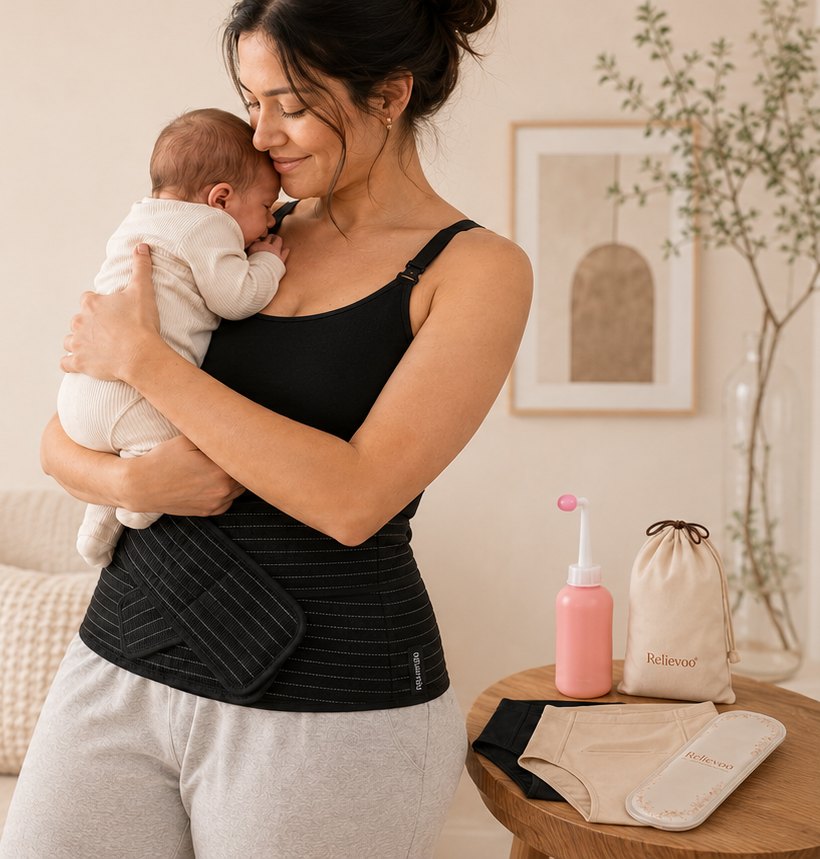 Mother holding her newborn while wearing the black Relievoo belly band, with the bundle items on a side table