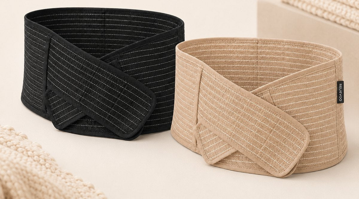 The Relievoo postpartum belly band shown side by side in black and in tan