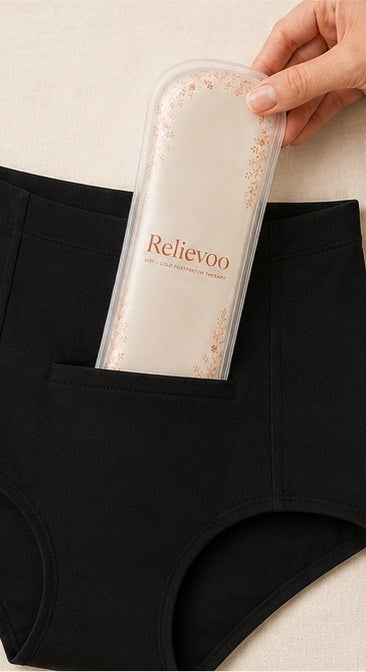 Hand sliding the Relievoo therapy pack into the front pocket of the black soothing briefs