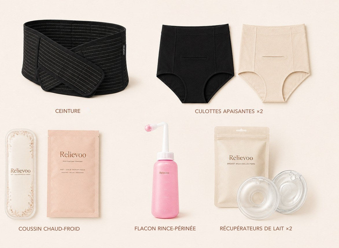Les cinq articles du coffret Relievoo légendés : ceinture, deux culottes apaisantes, coussin chaud et froid, flacon rince-périnée et deux récupérateurs de lait