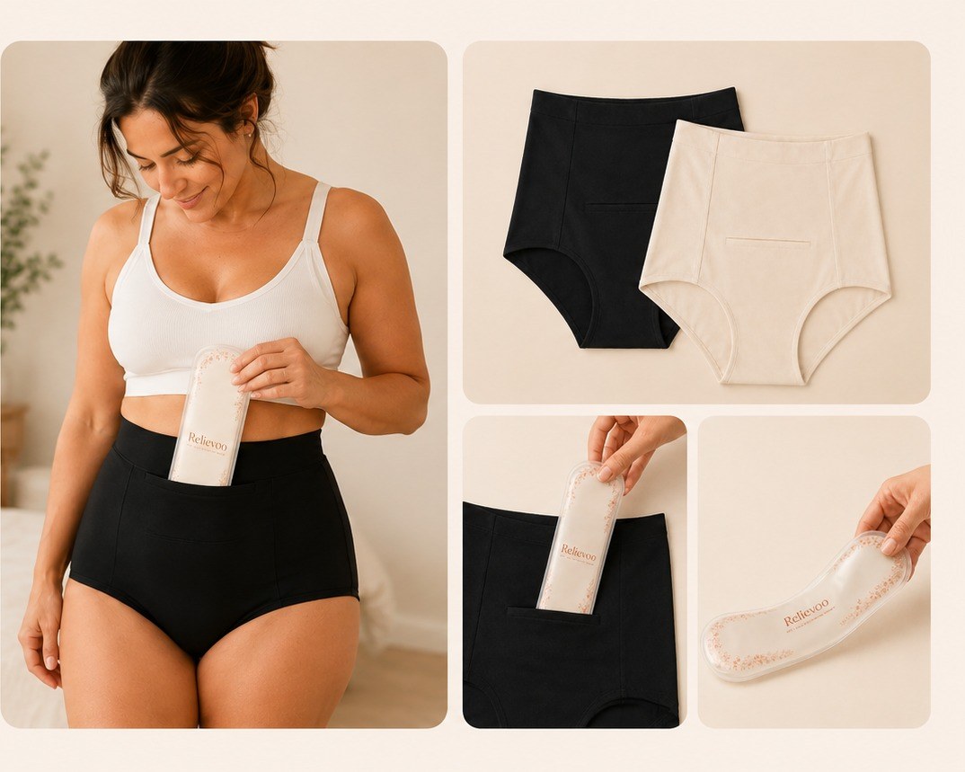 Woman sliding the Relievoo therapy pack into the front pocket of the black soothing briefs, with the briefs shown flat alongside