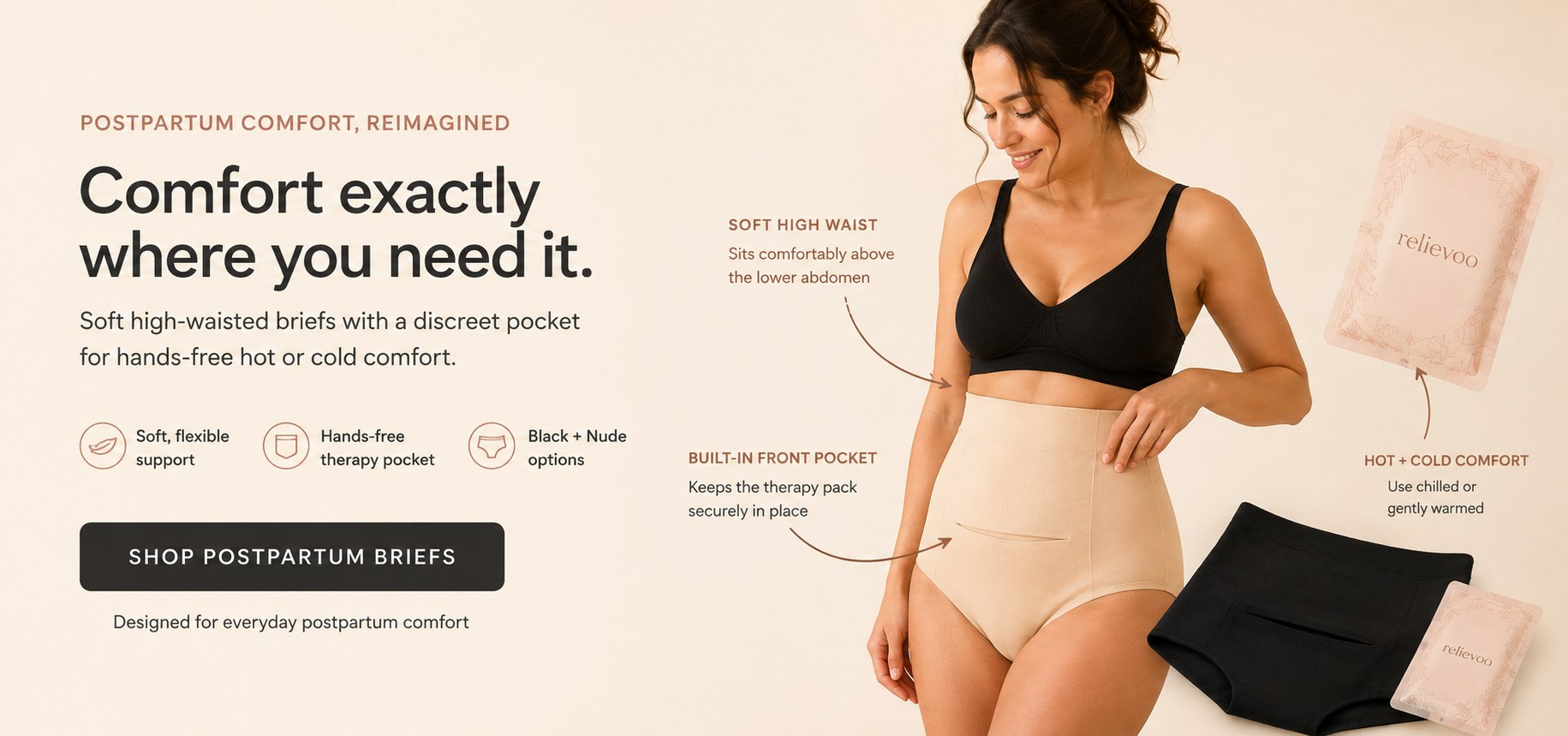 Relievoo postpartum briefs, soft high waist with a built-in pocket for hot or cold comfort