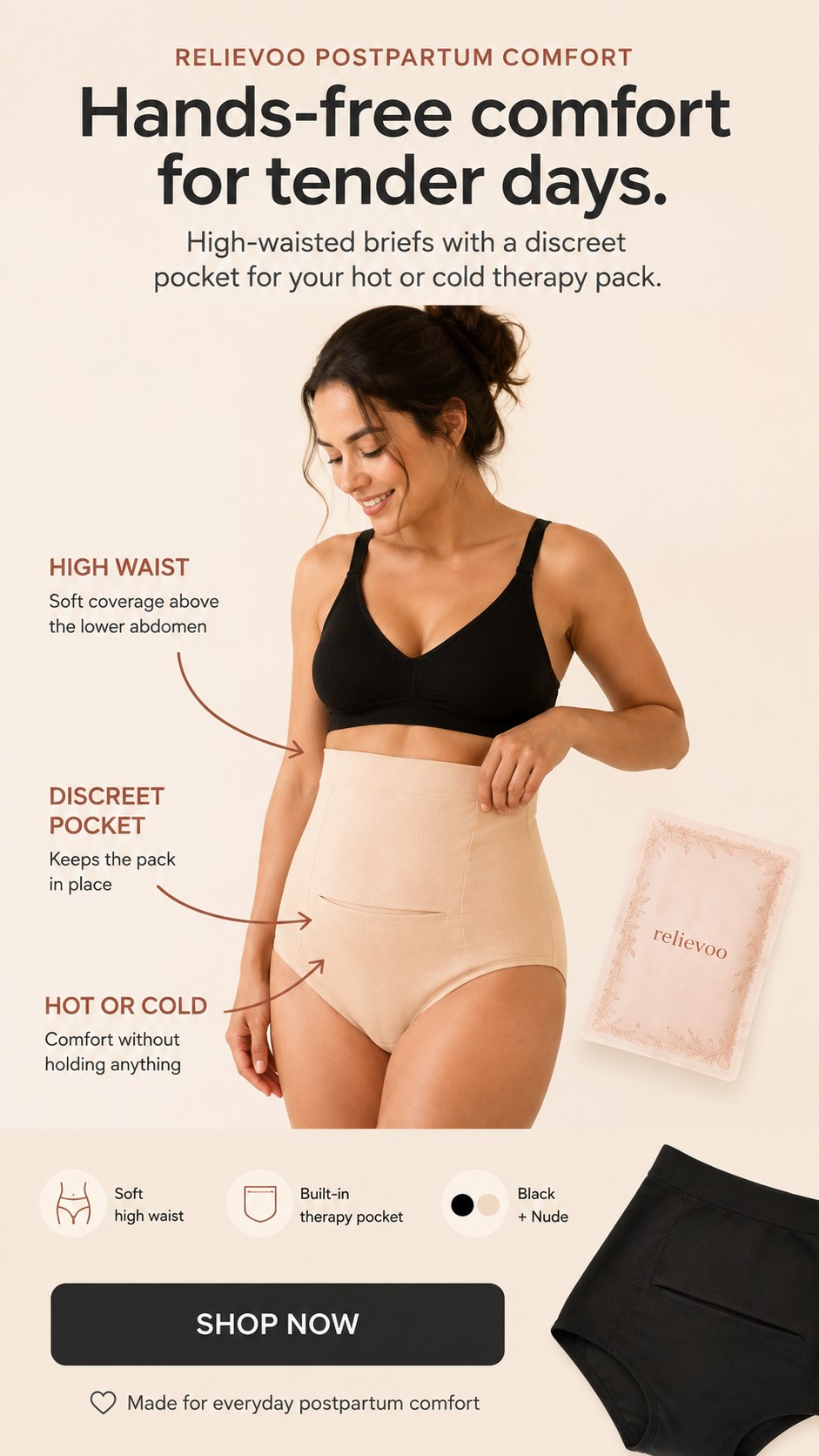 Relievoo postpartum briefs, soft high waist with a built-in pocket for hot or cold comfort