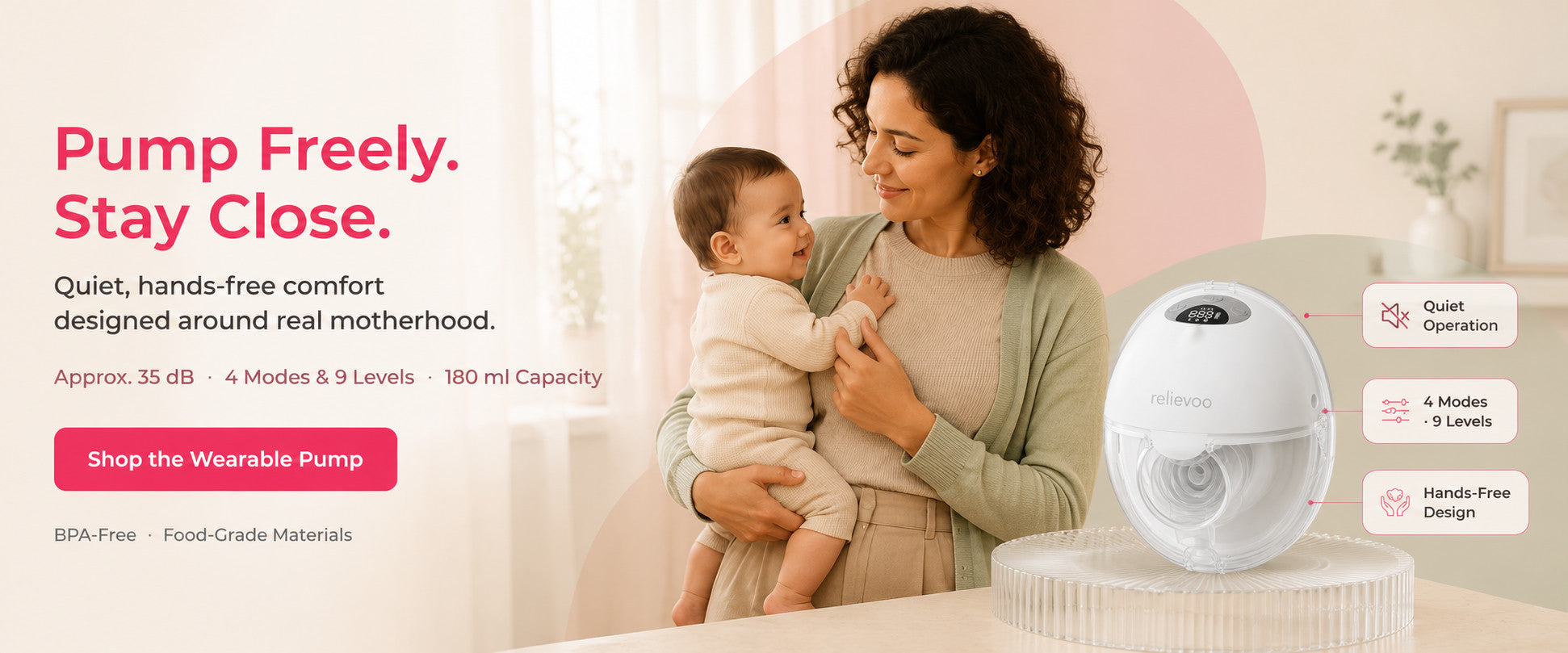 Relievoo wearable breast pump: quiet hands-free pumping, 4 modes and 9 levels, mum holding her baby
