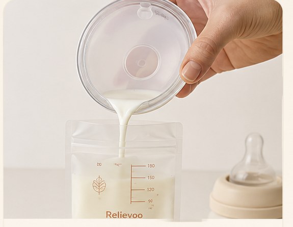 Milk poured from a Relievoo collector into a breast milk storage bag