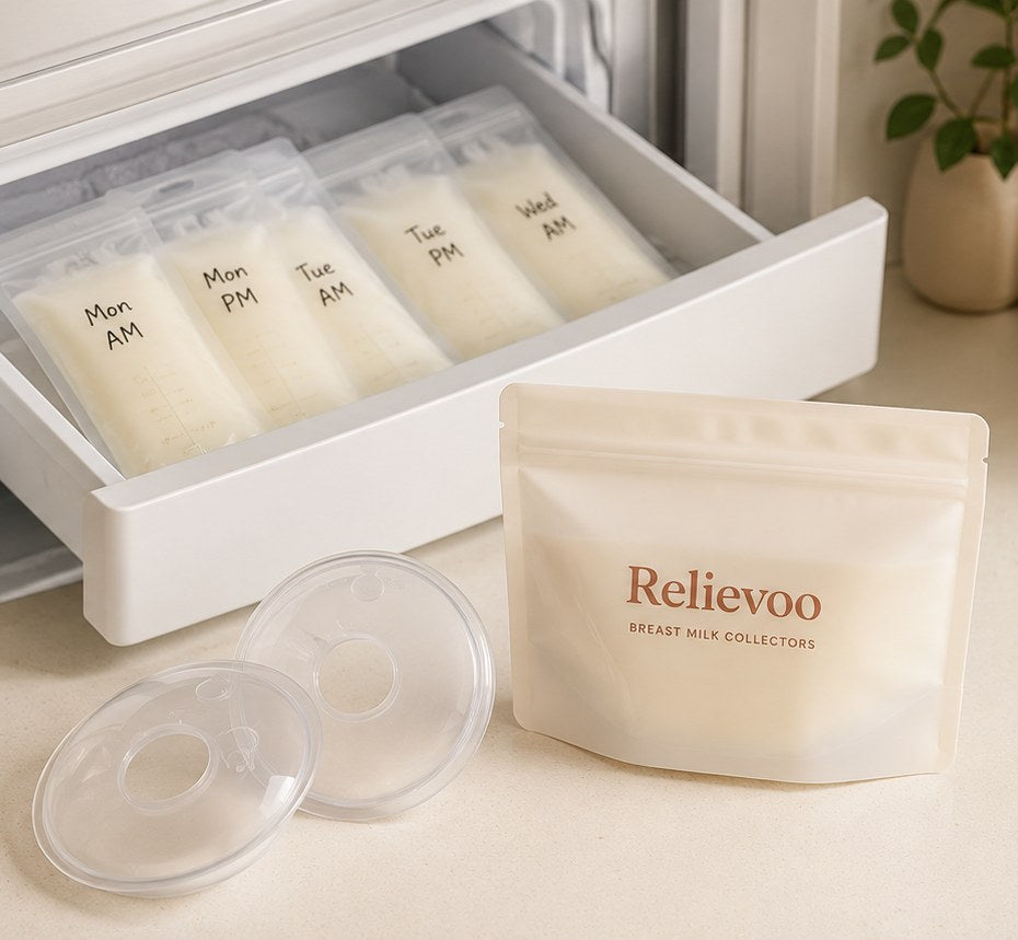 Dated Relievoo breast milk storage bags stacked in a freezer drawer beside two collectors