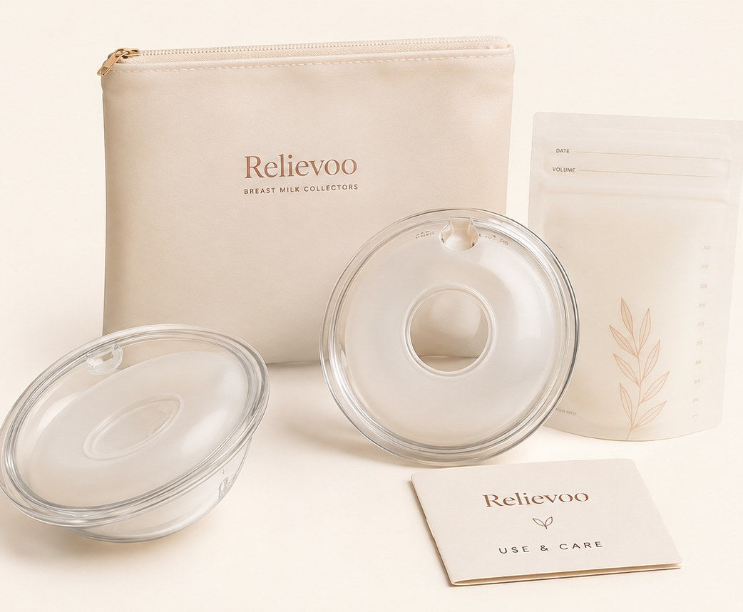 Relievoo breast milk collectors with their storage pouch, a storage bag and the use and care card