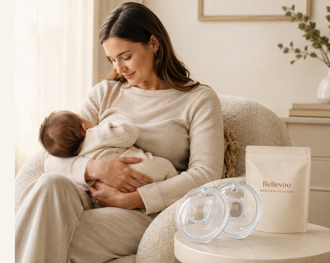 Mother breastfeeding her baby with Relievoo collectors and their pouch on the side table