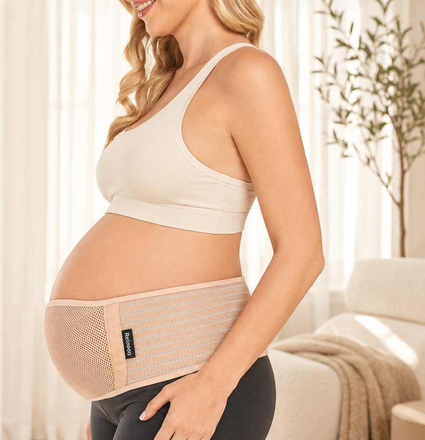 Pregnant woman wearing the tan Relievoo pregnancy support belt under her bump