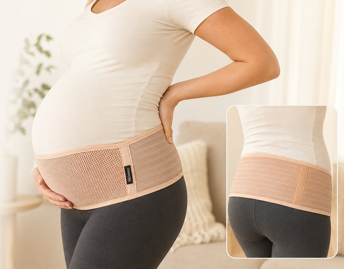 Front and back view of the tan Relievoo pregnancy support belt worn under the bump