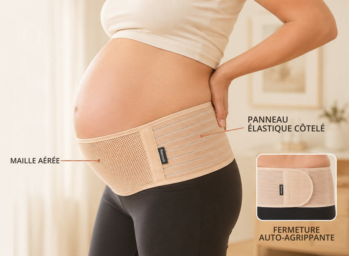 Ceinture de grossesse Relievoo avec ses l&eacute;gendes : maille a&eacute;r&eacute;e, panneau &eacute;lastique c&ocirc;tel&eacute; et fermeture auto-agrippante