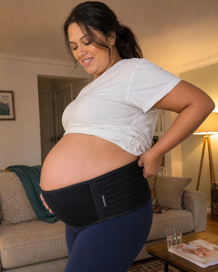Pregnant woman adjusting the black Relievoo pregnancy support belt in a living room