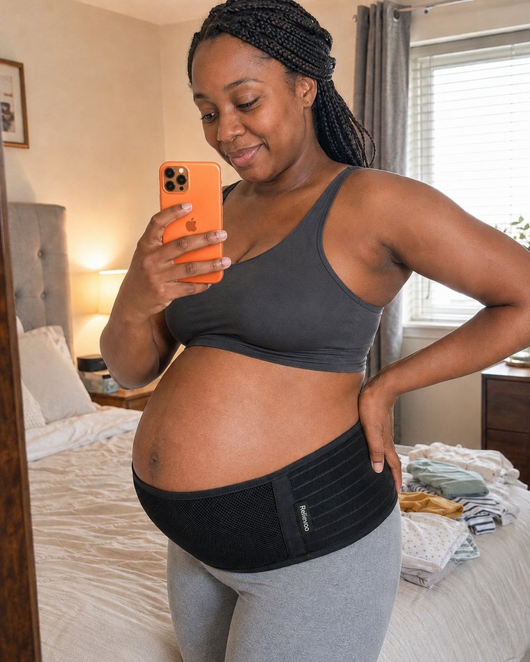 Pregnant woman wearing the black Relievoo pregnancy support belt under the bump, at home
