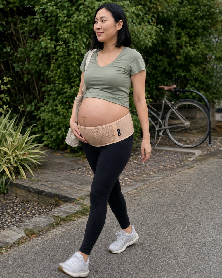 Pregnant woman walking outdoors wearing the tan Relievoo pregnancy support belt with leggings