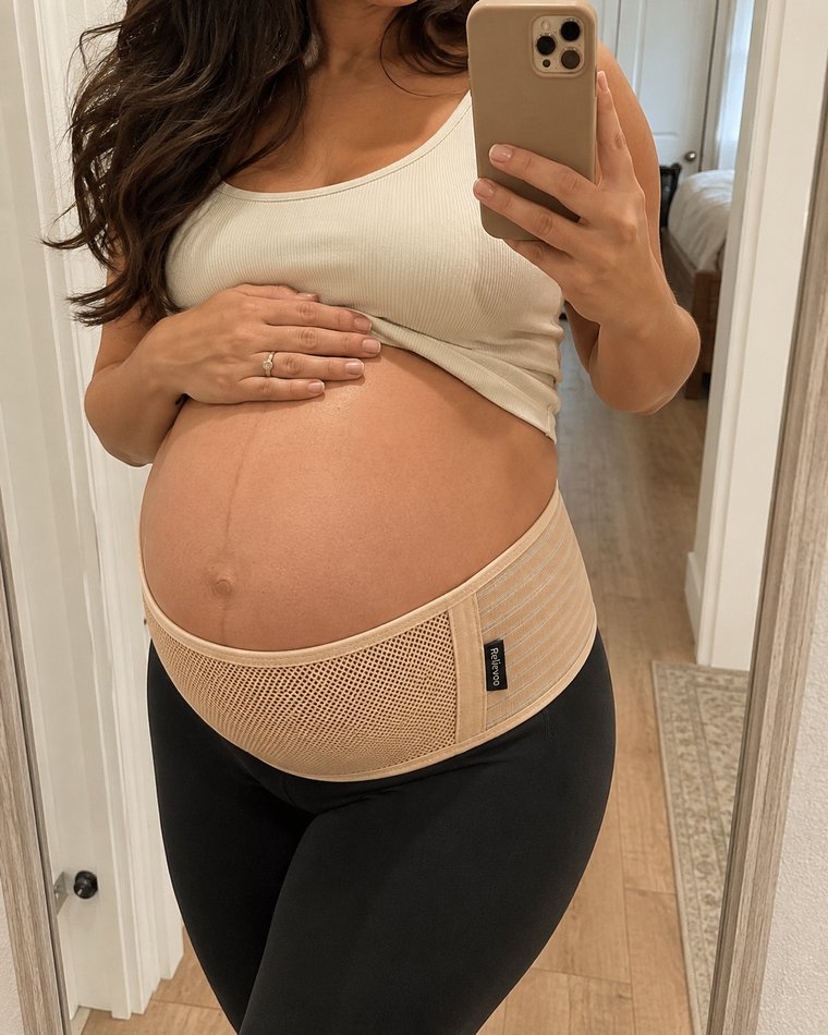 Close mirror photo of the tan Relievoo pregnancy support belt worn under the bump with black leggings
