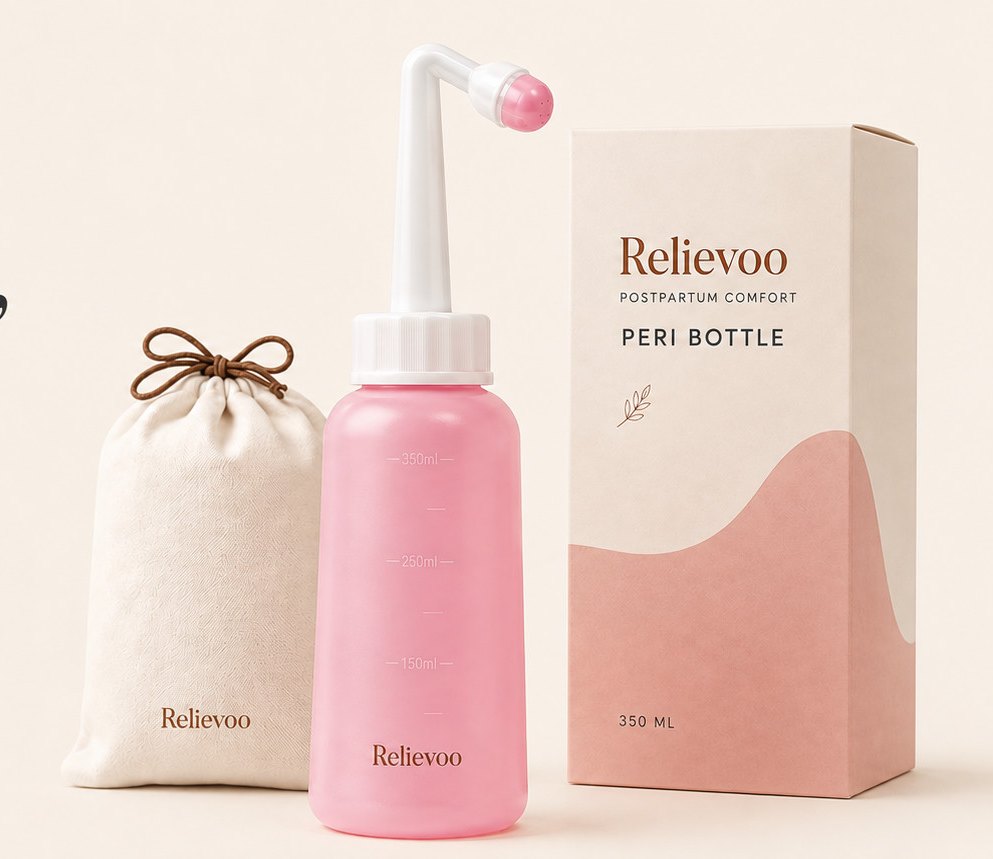 Relievoo peri bottle with its travel pouch and its 350 ml box on a cream background