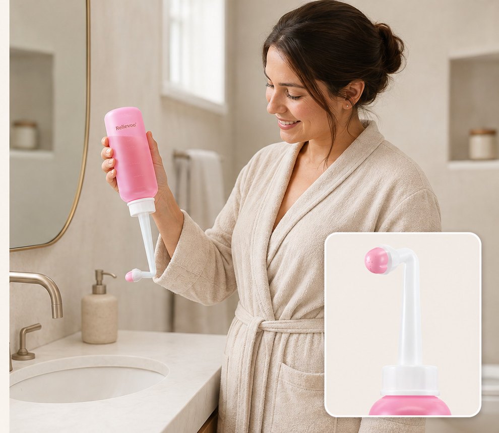 Woman in a bathrobe using the Relievoo peri bottle at a bathroom basin, with a close-up of the angled nozzle