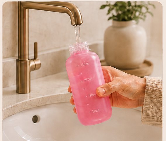 Filling the Relievoo peri bottle with warm water at the tap