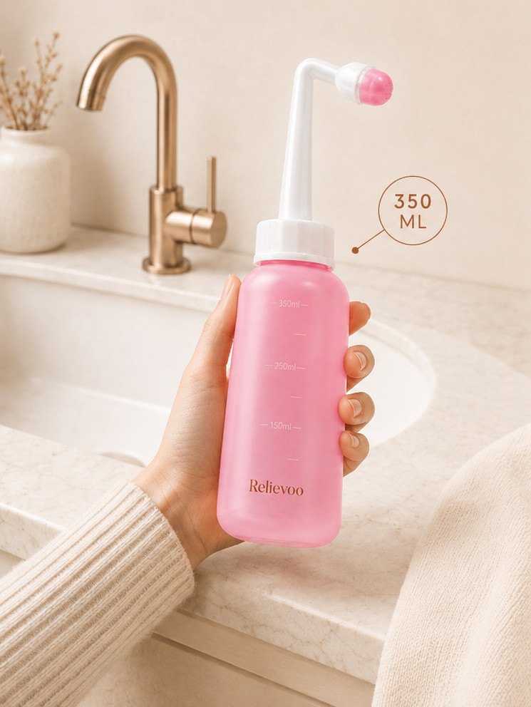 Hand holding the 350 ml Relievoo peri bottle at a basin, the capacity marked on the bottle