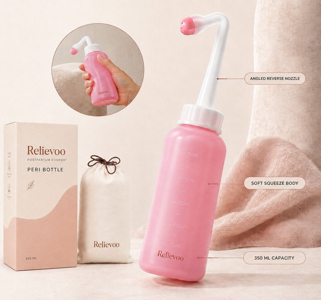 Relievoo peri bottle labelled with its angled reverse nozzle, soft squeeze body and 350 ml capacity, next to its box and pouch