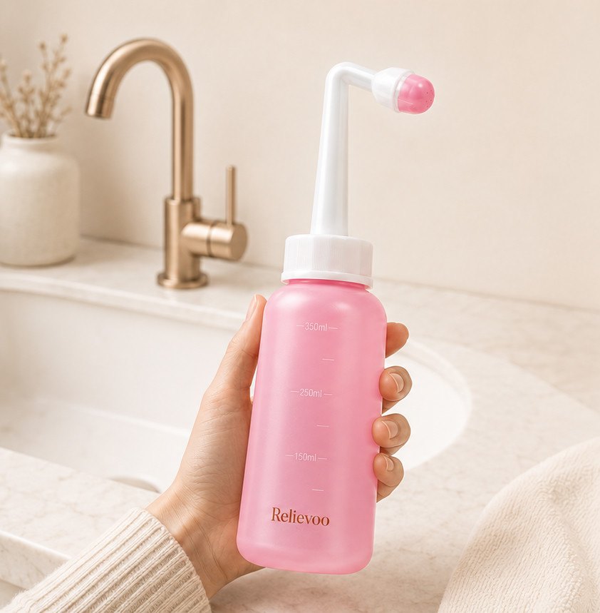 Hand holding the Relievoo peri bottle at a bathroom basin