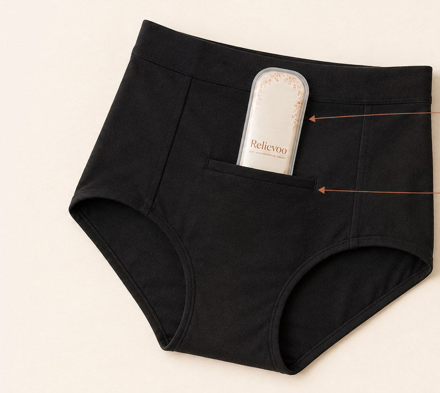 Relievoo therapy pack held flat in the built-in front pocket of black postpartum briefs