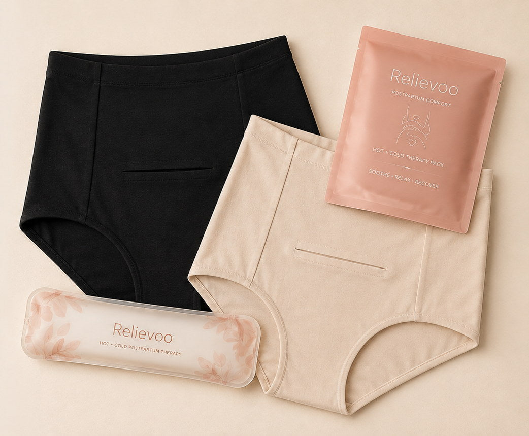 Relievoo therapy pack, its pouch and black and nude postpartum briefs laid out together