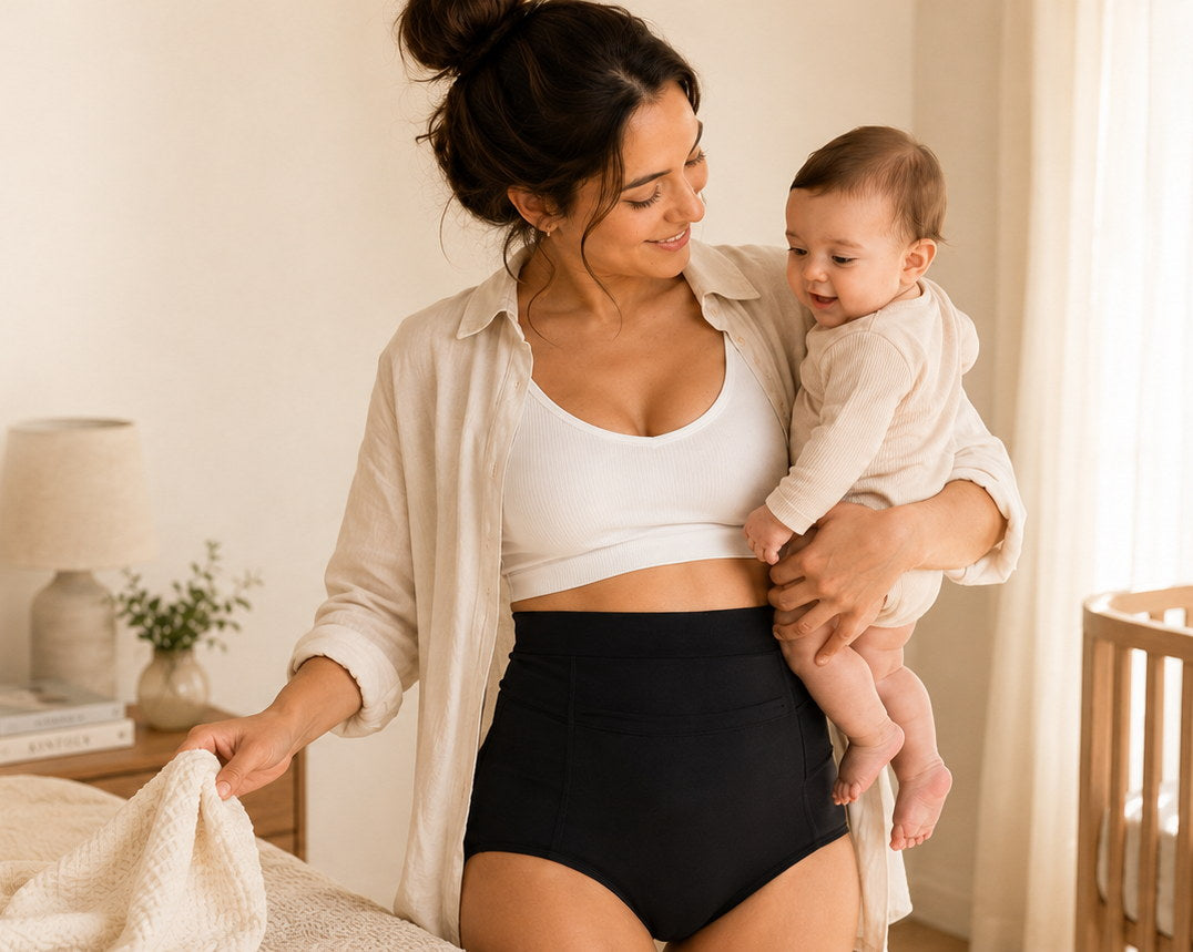 Mother holding her baby while wearing postpartum briefs with the Relievoo therapy pack in the pocket