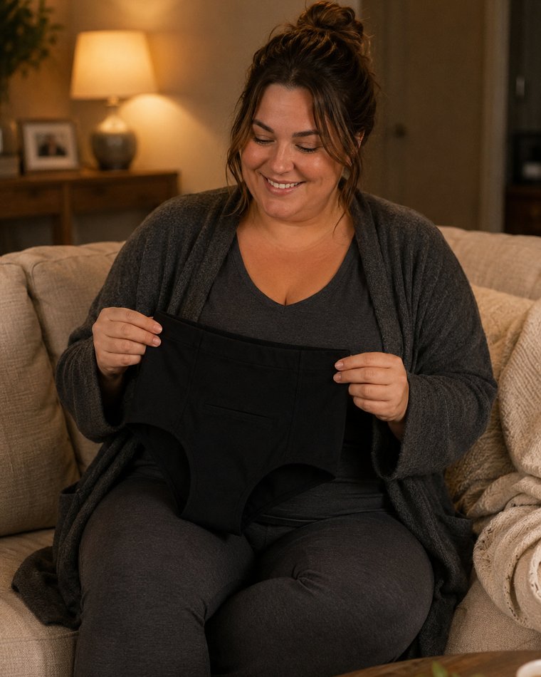 Woman on a sofa unfolding the black Relievoo soothing briefs, the front pocket visible