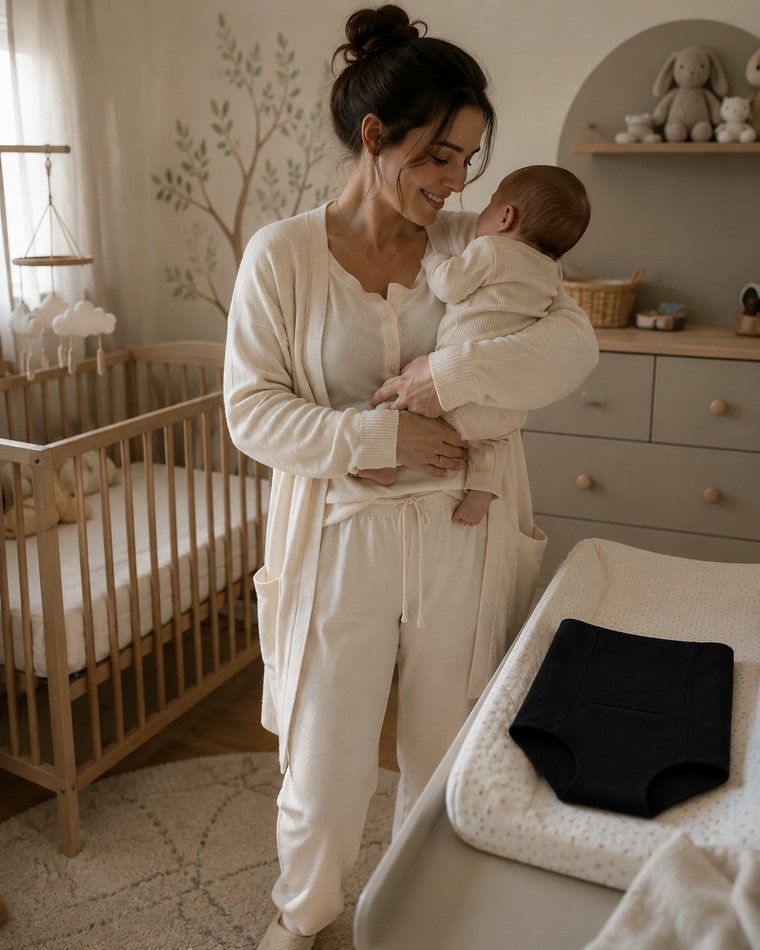 Mother holding her newborn in a nursery, the black Relievoo soothing briefs laid on the changing table