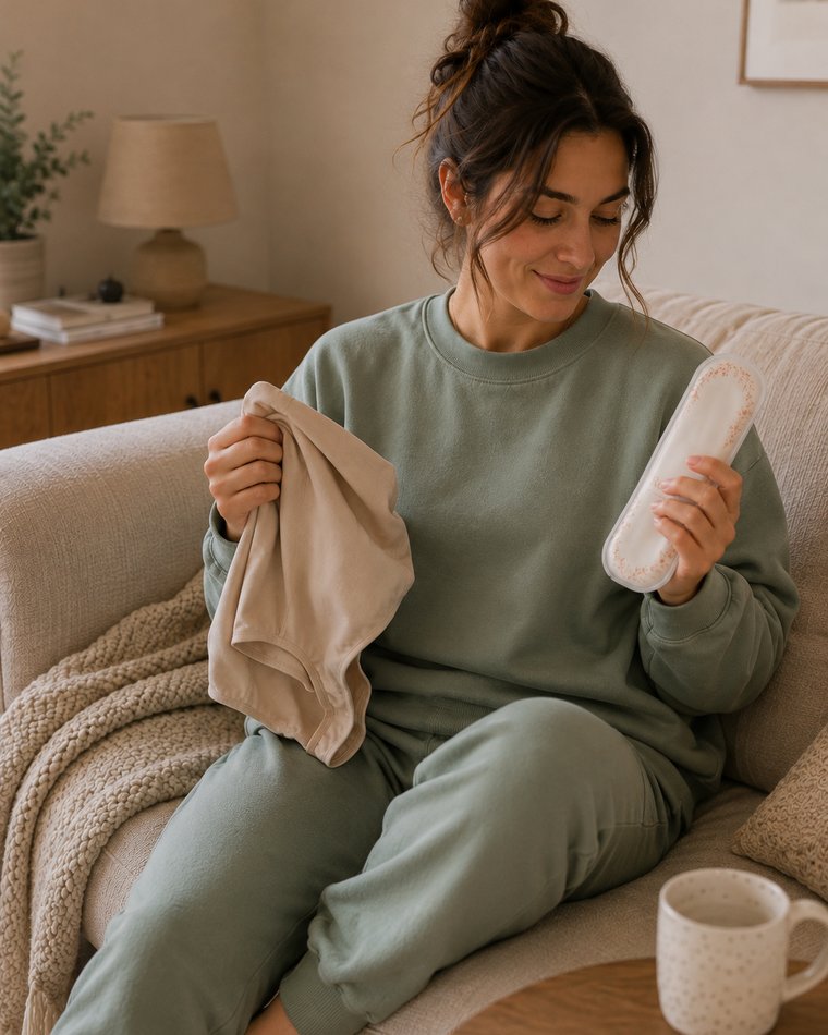 Woman on a sofa holding the nude Relievoo soothing briefs in one hand and the hot and cold therapy pack in the other