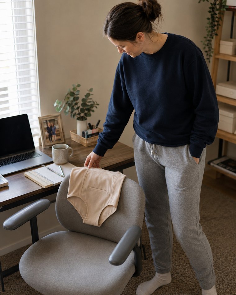 Woman at a desk laying the nude Relievoo soothing briefs over the back of a chair