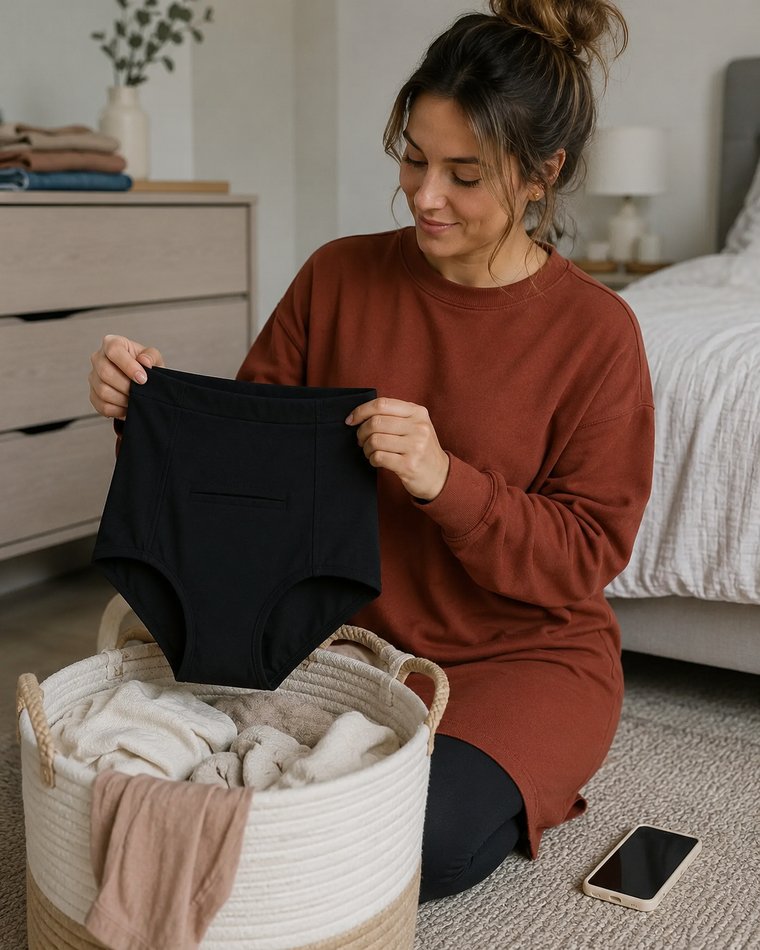 Woman kneeling beside a laundry basket, holding up the black Relievoo soothing briefs