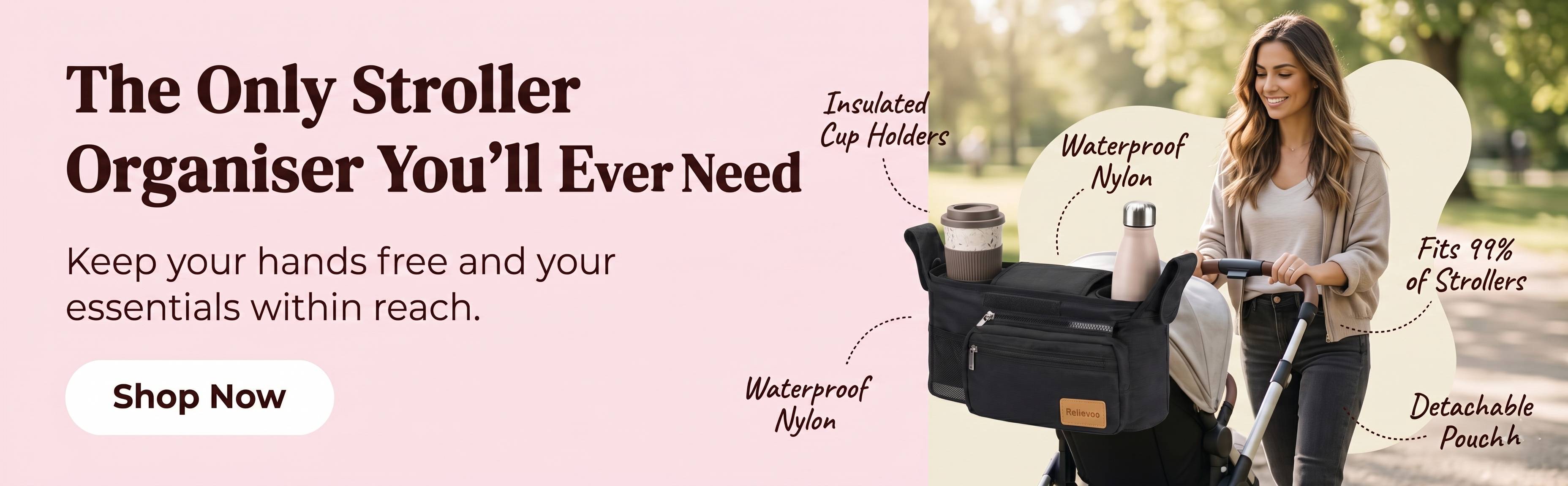 Relievoo Universal Stroller Organiser - insulated cup holders, waterproof nylon, fits 99 percent of prams, detachable pouch - the only stroller organiser you will ever need